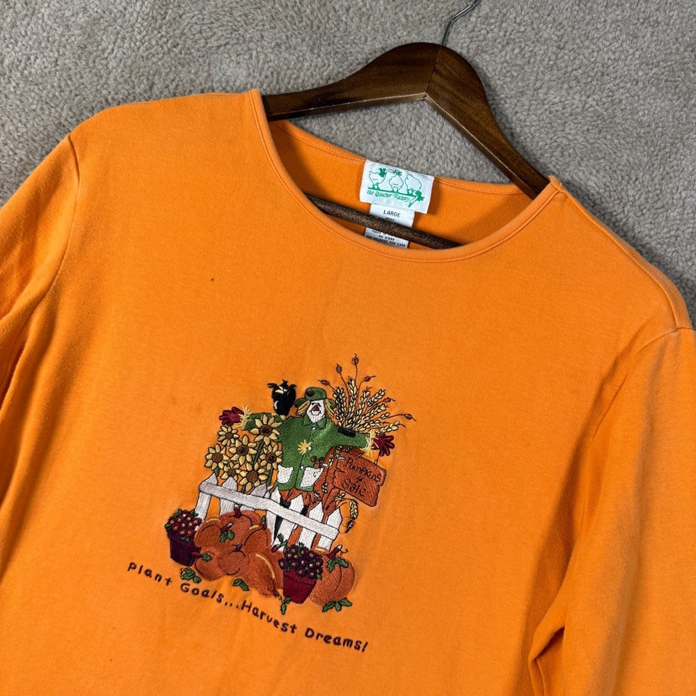Quacker Factory Top Womens Large Orange Embroidered Fall Scarecrow Long Sleeve